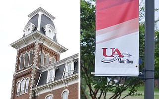At left, the North Tower of Old Main is visible on the University of Arkansas, Fayetteville campus in this Oct. 13, 2023 file photo. At right, a banner is visible on the campus of the University of Arkansas Community College at Morrilton in this undated courtesy photo. (Left, NWA Democrat-Gazette/Andy Shupe; right, courtesy UA Community College at Morrilton)